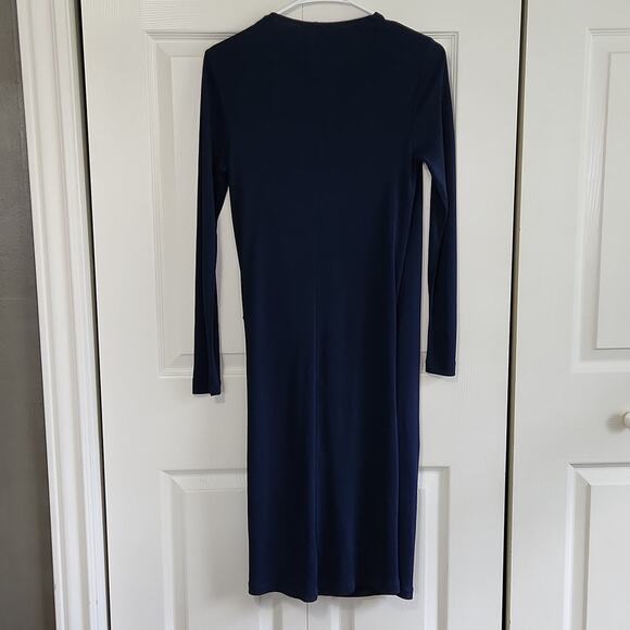 Mango Navy Blue Faux Wrap Dress Size 4 Midi Academia Long Sleeve Business - Picture 2 of 10